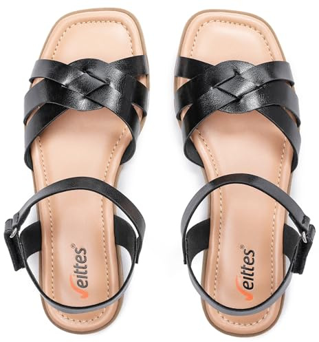 Veittes Women's Flat Slide Sandals - Casual Braided Strappy with Adjustable Buckle Summer Sandals.Black 5.5