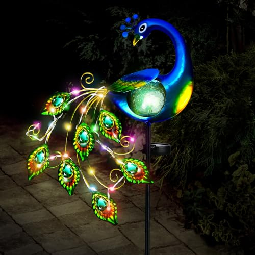 IEEILULU Solarlampen für Außen Garten, Pfau Garden Solar Pfahl Lichter Garten Statue Metall Pfau Gartendeko, Ständer Solarleuchten Lichterkette IP65 Wasserdicht für Rasen Terrasse Yard Balkon