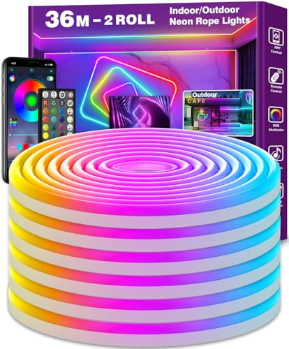 LETIANPAI 36m Led Neon Rope Lights,Flexible Rope,Control with App/Remote,Multiple Modes,IP65 RGB Light,Music Sync Gaming Strip for Bedroom Indoor (36M neon)