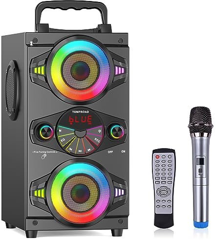 Altoparlanti Bluetooth, altoparlante portatile wireless da 60 W per feste in casa, con subwoofer, radio FM, luci LED colorate, microfono, telecomando e grande e potente stereo con bassi profondi.