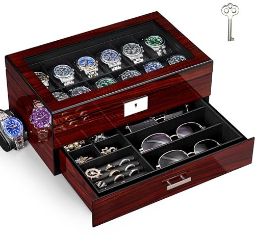 ANWBROAD Watch Box Storage Watch Cases for Men with Large Glass Lid 2-Tier Wood Watch Display Case Lockable Watch Organizer Giftable Luxurious Watch Holder for Women UJWB003Y
