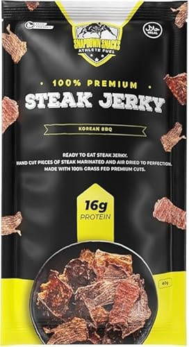 SNAPDOWN SNACKS - High Protein Jerky Original Meat Snacks with Flavorful Strips - Halal Beef steak Jerky Snacks Pack for Great Protein (6 pack, Korean-BBQ)