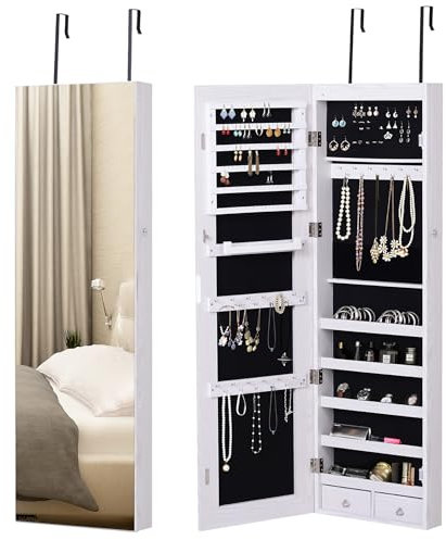 HOMCOM Specchio Portagioie con 6 Luci LED e Spazi Portaoggetti Dedicati, Armadio Portagioie con Specchio in Legno e Vetro, 37x10x120 cm, color Legno Bianco