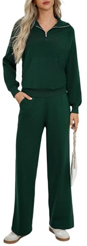 Totatuit Conjunto Punto Mujer 2 Piezas Conjunto de Salón de Manga Larga Color Sólido Conjunto Mujer Vestir Dos Piezas Top y Pantalon Deportivo Suelto Conjuntos Verde L