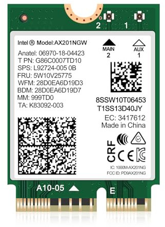 Tarjeta inalámbrica WiFi 6 Intel AX201 NGW. Compatible con protocolo CNVio2 y CPU Intel 10/11/12/13ª generación, Bluetooth 5.2, 2400 Mbps, adaptador de red para soporte portátil Windows 10/11 (64