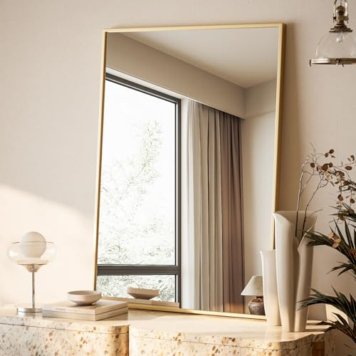 BEAUTYPEAK 71 x 51 cm, rektangulär väggspegel med metallram, guld, okrossbar badrumsspegel, väggspegel för badrum, sovrum, vardagsrum, rektangulär badrumsspegel
