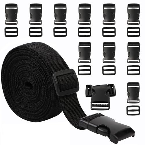 Sangle Nylon 25mm x 5m,Sangle Lourde Noire avec Boucles Plastique,Clips Fermeture Rapide, Boucle Attache pour Sacs à Dos,Bagages,Colliers pour Chiens,Mallettes de Transport