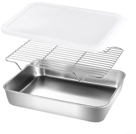 Besshepplo 1 set di teglie da forno in acciaio inox con coperchio per griglia di raffreddamento, teglia da forno rettangolare con coperchio, per cucinare lasagne (26 x 20 x 5 cm)