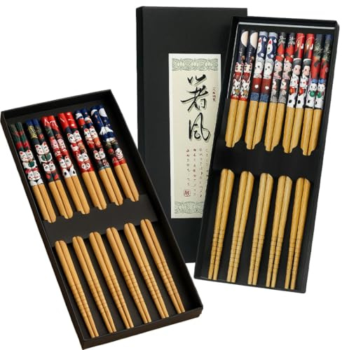 Reusable Bamboo Chopsticks, 10 Pairs Premium Food-Grade Wooden Chop Sticks with Fortune Cat Design, Eco-Friendly Reusable Gift Set for Sushi, Ramen, Asian Cuisine, Lucky Cat Chopsticks
