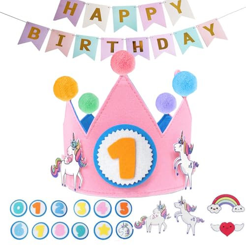 Geburtstagskrone Junge & Mädchen, Einhorn Geburtstagskrone, Doppellagiger Filz, Auswechselbare Zahlen von 0 bis 9 und thematische Figuren, Krone Mädchen, Geburtstagsdeko