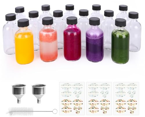 EkkoVla 60ml Glass Shot Bottles with Caps, 16 Pack – Clear Portable Mini Bottles for Juice, Ginger Shots, Samples & Whisky