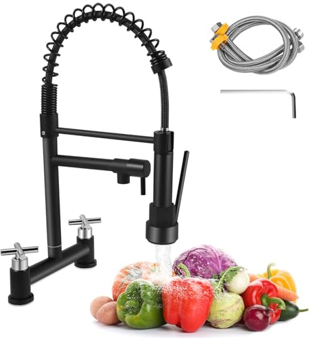 2 Hole Kitchen Mixer Taps, Bridge Kitchen Mixer Taps with Lock, Black Sink Mixer Taps 360° Swivel Dual Levers Brass Faucet with 2 Spray Modes,180 mm Centers Deck Mounted Chrome
