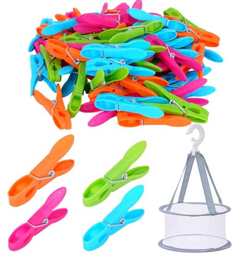 Lot de 60 grandes pinces à linge, 4 couleurs, en plastique, avec panier, pinces à linge à plumes colorées pour vêtements et serviettes en papier