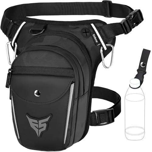 Eshow Sacoche de Jambe Moto Capacité Extensible, Sac Banane Femme Homme avec Bande Réfléchissante, 1 Clip à Gourde, 2 Mousquetons pour Randonnée Pêche