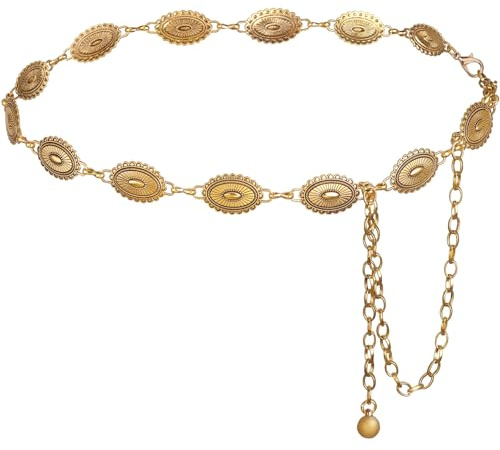 DRESHOW Western Metal Concho Bälte för Kvinnor Cowgirl Boho Concho Kedja Justerbar Silver Guld Vintage Midjekedja för Kvinnor Till Klänningar Jeans och Countrykonserter
