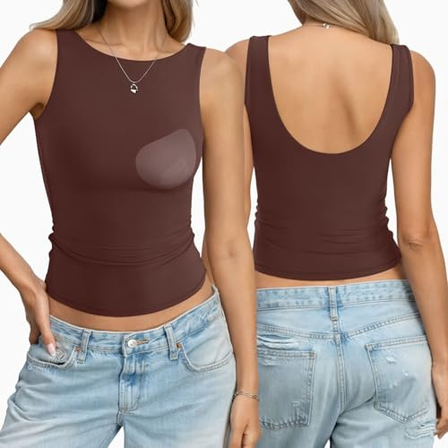 EasyGala Womens Padded Double Lined Tank Tops Boat Neck Built in Bra Going Out Top Low Back Sleeveless Summer Outfit 2026 Y2K Fashion Brown Medium