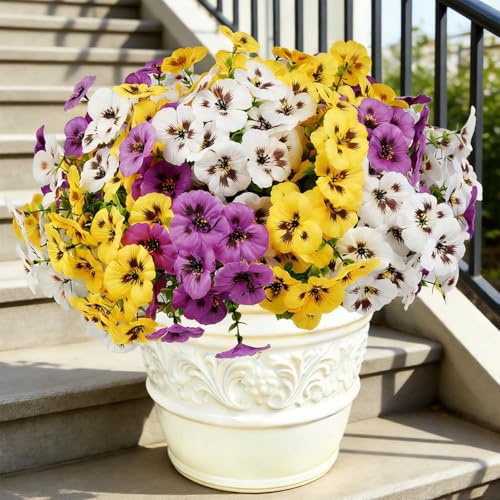 Homcomodar 6 Bündel Kunstblumen wie Echt UV-beständige Künstliche Blumen Kunstblumen Outdoor Wetterfest Seidenblumen Kunstpflanze Stiefmütterchen für Balkon, Balkonkasten,Veranda, Garten