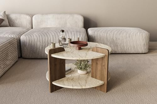moebel17 Moderner Couchtisch 70×45 cm | Travertin-Optik Tischplatte + Seitenpaneele in Holzoptik | Runder Design Wohnzimmertisch | Couchtisch mit Stauraum (2 Ebenen) (Beige Braun)