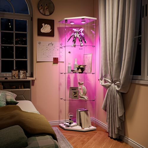 Vitrina de Cristal led, 162x60x40 cm vitrina Expositora de Vidrio con Cerradura LED y Puerta 4 Estantes VitrinaExpositora de Esquina Vitrina Transparente Grande vitrina de Colección para Salón Bar