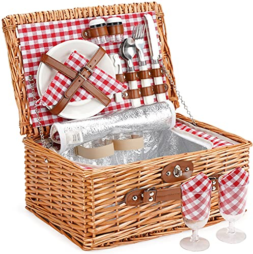 ZORMY Weidenkorb für 2 Personen, Weidenkorb Korb-Sets mit isoliertem Fach, handgefertigter Picknickkorb für 2 Personen, klassisches rotes Karo mit Utensilien, Besteck, perfekt für Picknick, Camping