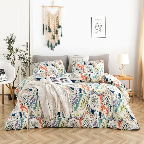 YuHeGuoJi Juego de Funda de edredón Bohemio de Cachemira, 100% algodón, Ropa de Cama tamaño King, Juego de 3 Piezas, 1 Funda de edredón con Estampado de Flores Naranjas y Azules, Funda de edredón