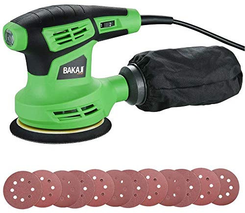 Lijadora de ratón, rota, orbital, potencia 300 W, velocidad ajustable 6000-13000 rpm, aspirador integrado y bandeja de recogida de polvo, base de cinta de 12,5 cm, con 12 discos abrasivos incluidos