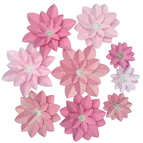 Mybbshower Pink Glitter Paper Flower for Wall Decor (10-6) DIY Paper Floral Backdrop Nursery Decor Paper Flower Decor Pack of 9