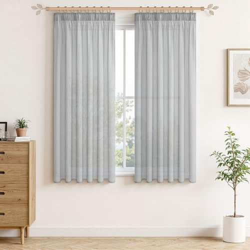MRTREES Cortina Salon Translucida Fruncida Moderno 2 Piezas Cortinas Visillos Cortas con Lino Efecto para Ventanas Dormitorio Infantil Habitacion Juvenil Cocina Estudio 140 x 150 cm Gris