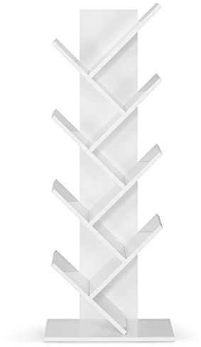 Bravich 9- Tier Tree Floor Standing Bookshelf in White, Wooden Shelves Bookcase, Display Storage Shelving, Modern design For Any Room Within The Home or Office