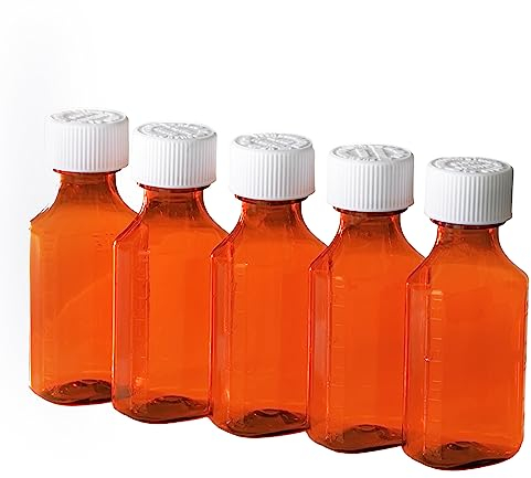 Lot de 5 flacons de médicaments liquides en plastique ambré avec bouchons résistants aux enfants de 56,7 g - Flacons ovales pour médicaments avec couvercles de sécurité - Contenants de pharmacie