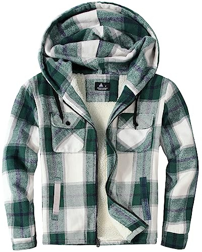 JACKETOWN Veste Polaire Homme avec Capuche Chemise en Flanelle à Carreaux Veste Mi-Saison Chaude Doublée Manteau Décontracté avec Poches Idéale pour L’Automne Et L’Hiver