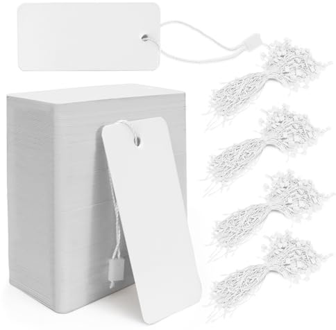 Modixun 400 Étiquettes Cadeaux Blanches Avec Lanière - Grandes Étiquettes de Prix, Vêtements, Papier Kraft Suspendues Pour Artisanat, Inventaire