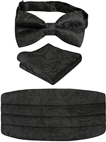 Alizeal Mens Classic Paisley Pre-tied Party Adjustable Bow Tie, Cummerbund and Pocket Square Set, Black