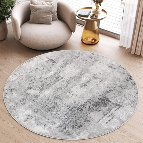 TAPISO Sky Rund Teppich Kurzflor Modern Beige Grau Hellgrau Vintage Meliert Verwischt Design Wohnzimmer Schlafzimmer 3D Optik ÖKOTEX 160 x 160 cm