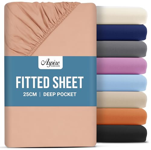 Aspire Homeware Super King Fitted Sheet - 25 cm Deep Hotel Quality (Peach) Bed Sheets - Soft & Breathable Superking Fitted Sheet - Anti-Wrinkle Easy Care Fitted Sheets