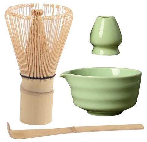 WDKXCN 4Pcs Matcha Tea Set Kit with 450ml Ceramic Bowl, Whisk Stand, Bamboo Whisk and Spoon