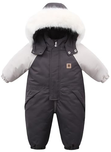 BRONG Vinter barn skiddräkt vattentät overall i ett stycke med huva jumpsuit fleecefoder skidjackor flickor dragkedja, Grå, 3-4 år