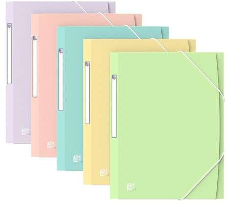 Oxford Urban, A4+ plastmappar, 3 flikar och elastiska gummiband, 5-pack mappar, pastellfärger