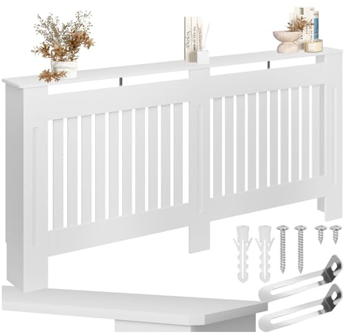 tectake® Radiator Cover in Modern, Slatted Design, Sturdy Heater Cover in MDF Wood with Top Shelf for Decor, Radiator Screen with Air Ventilation for Living Room & Bedroom - 172.3 x 19 x 82 cm