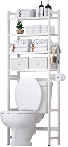 YORBAY Estantería para Inodoro con 2 Cestas 4 Niveles de Bambú para el Inodoro con Soporte para Papel y 4 Ganchos y Almohadillas Impermeables para los pies, Independiente sobre el Inodoro (Blanco)