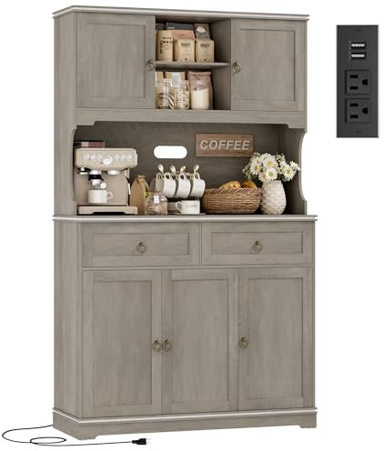 HOSTACK 71 Tall Pantry Cabinet with Power Outlets, Kitchen Pantry Storage Cabinet with Microwave Stand, Farmhouse Kitchen Hutch with Drawers, Food Pantry Large Cupboard for Dining Room, Ash Grey