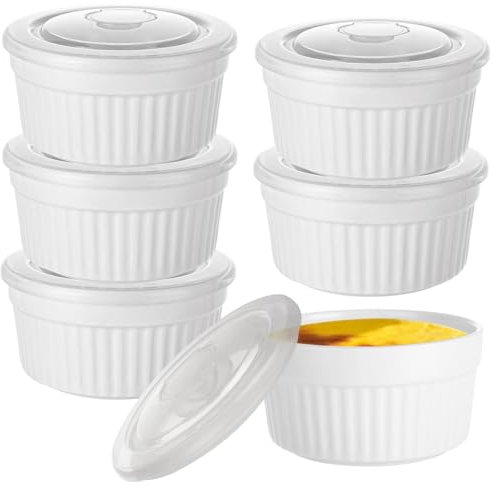 AKOLAFE 6 Pack Ramekins with Lids 8oz Oven Safe Porcelain Ramekin Dishes for Creme Brulee, Soufflé, Ceramic Souffle Dishes Ramekin Dish Used as Dip Pots, Dipping Bowls, Ramekins Set of 6
