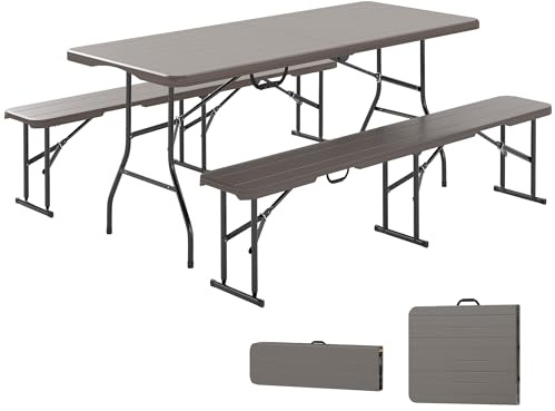 Outsunny Conjunto de Camping Plegable de 3 Piezas Mesa Plegable Camping con Bancos Incluye 1 Mesa 180x74x74 cm y 2 Bancos Efecto Madera Impermeable para Acampadas Jardín Pícnic Marrón