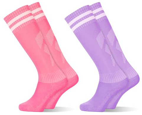 GRPSKCOS Fußball Socken Kinder, 2 Paar Fußball Stutzen Kinder Sport Jungen Mädchen Fussball Socken Kniestrümpfe Kleinkind Streifen Schule Uniform Strümpfe（#6 Rosa+Lila，3-6 Jahre