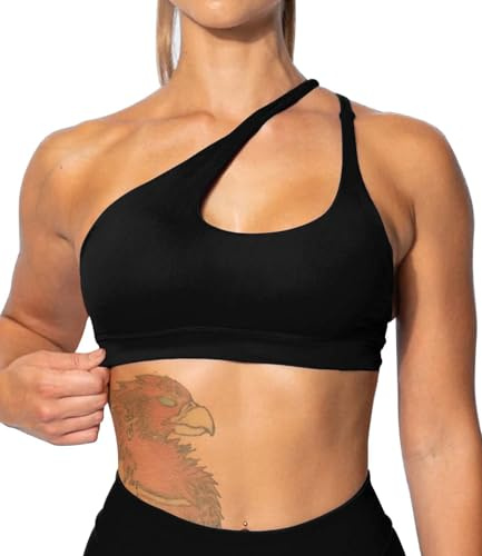 TZLDN Sport BH Damen One Shoulder Oberteil RückenfreiesSporttop Top Sports Bustier Sportoberteil Yoga Gym Kleidung Black M