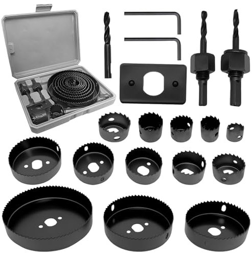 Set di 19 Seghe a Tazza per Fori, Fresa per Cartongesso, Sega a Tazza Bi-Metallica, con 2 Chiavi Esagonali, 2 Aste di Collegamento, 1 Trapano, 1 Piastra di Montaggio, 19-127MM Lame per Sega