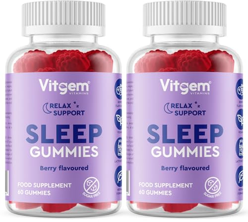 Vitgem Sleeping 60x2 Gummies for Adults UK - Natural Night Time Support with Magnesium, Ashwagandha & L-Theanine - Non-Drowsy Herbal Sleep Support - Vegan, Sugar Free Berry Flavour (2 Pack)