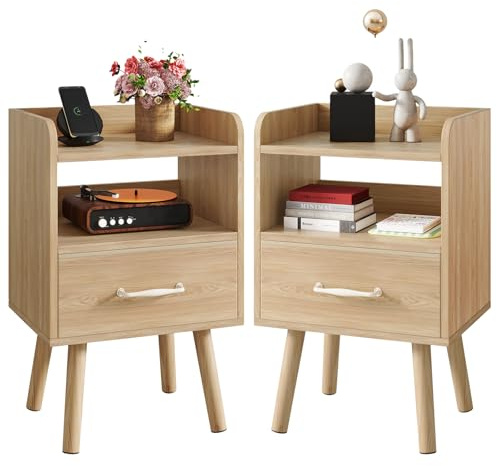YMYNY Set de 2 Mesitas de Noche, Mesa Auxiliar de Sofá, Mesa de Madera, Cajón con Tela Removible, Ripiano Abierto, 39x29x62 cm, para Dormitorio, Salón, Natural HST021N-2