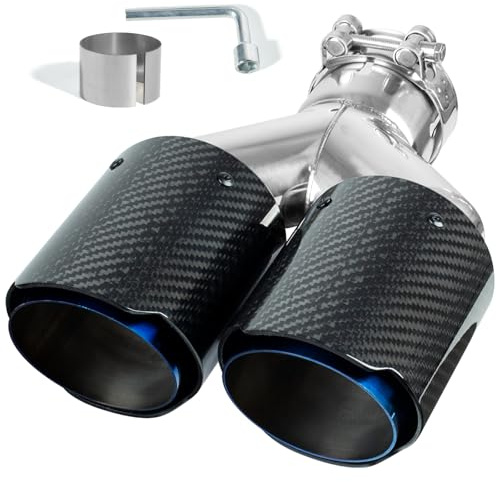 Catekro 63mm Cola de Escape Coche de Acero Inoxidable, Doble Salida Embellecedor Acero Inoxidable para Tubo de Escape Punta de Escape Exterior Instalación con Pernos y Llave (Doble, Azul Negro)