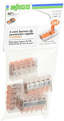 Wago - Lot de 5 bornes de raccordement S221 Compact - Connexion rapide - 5 conducteurs avec leviers 4mm² - Orange